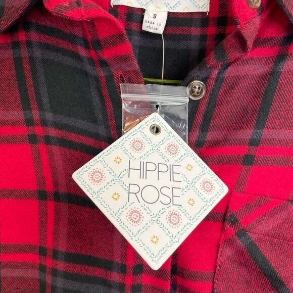 Hippie Rose Red Black Plaid Flannel Long Sleeve Button-Down Shirt Size S New - Picture 4 of 6